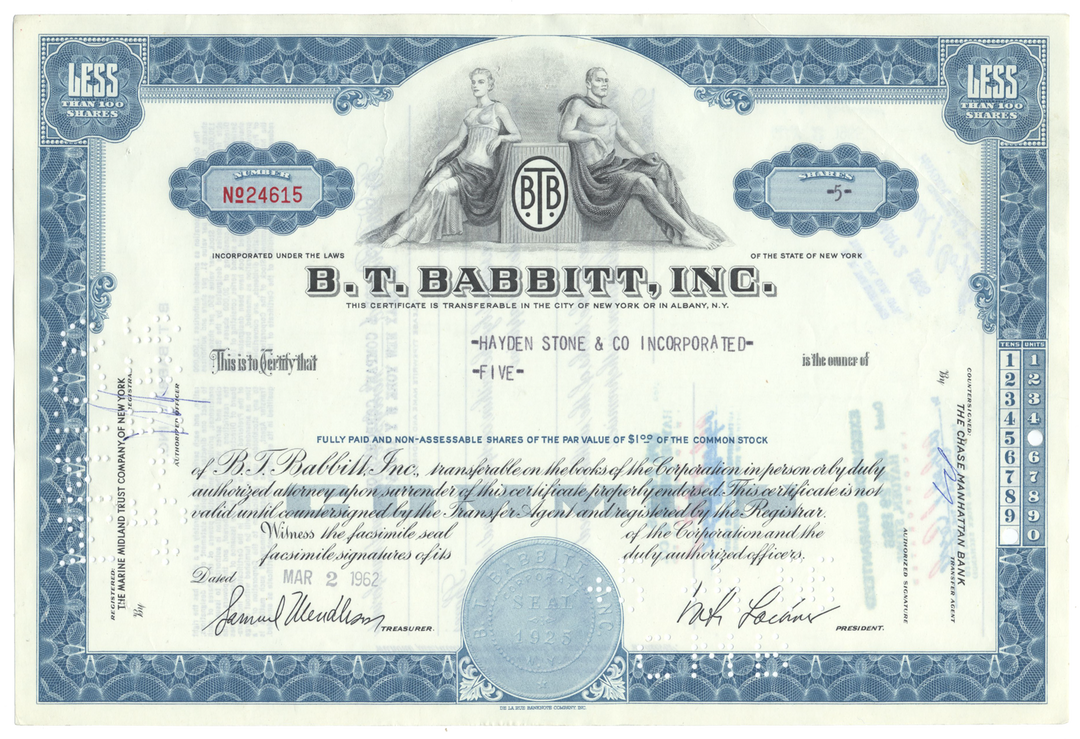 B. T. Babbitt, Inc. Stock Certificate