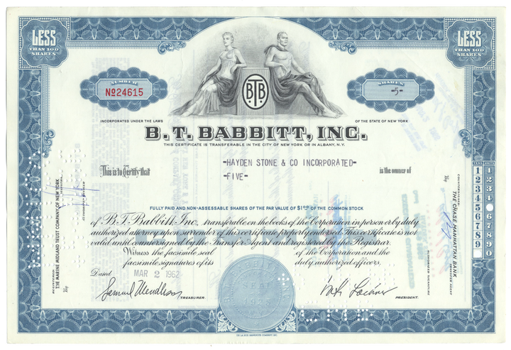 B. T. Babbitt, Inc. Stock Certificate