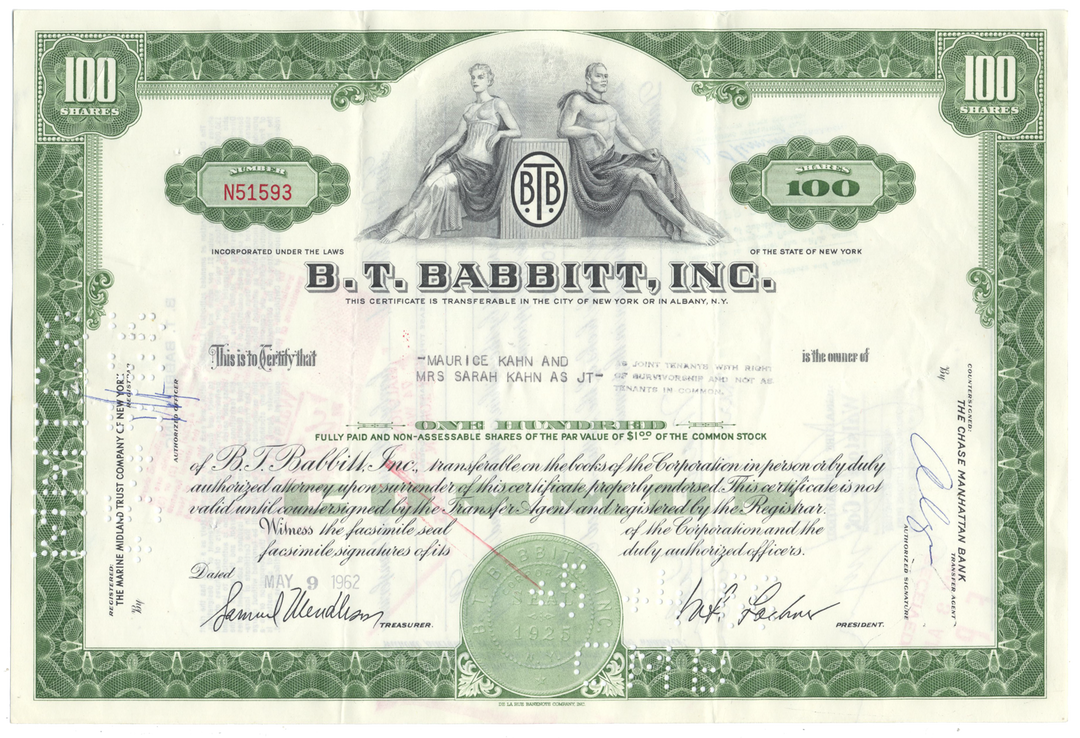 B. T. Babbitt, Inc. Stock Certificate