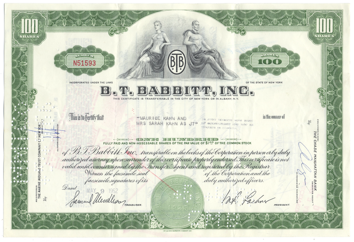 B. T. Babbitt, Inc. Stock Certificate