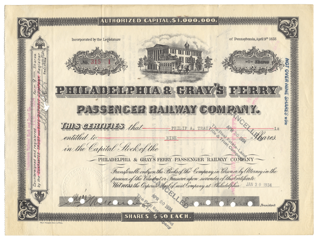 Historical stock certificate for Philadelphia & Gray's Ferry Passenger Railway Company with ornate design elements from 1934
