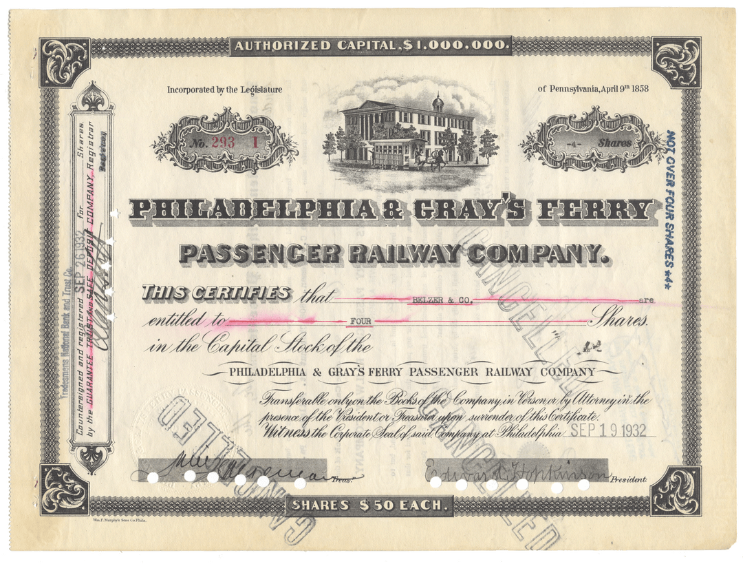 Stock certificate of Philadelphia & Gray's Ferry Passenger Railway Company with decorative elements and text from 1932