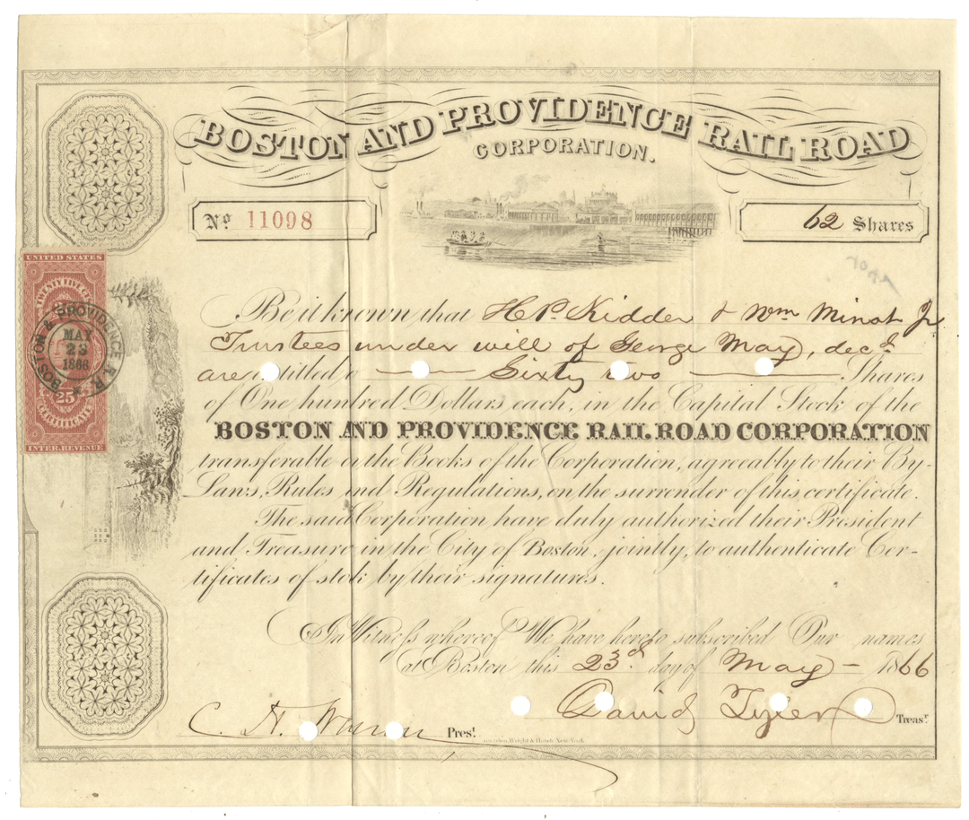 Historical stock certificate from the Boston and Providence Rail Road Corporation with text and red stamp.