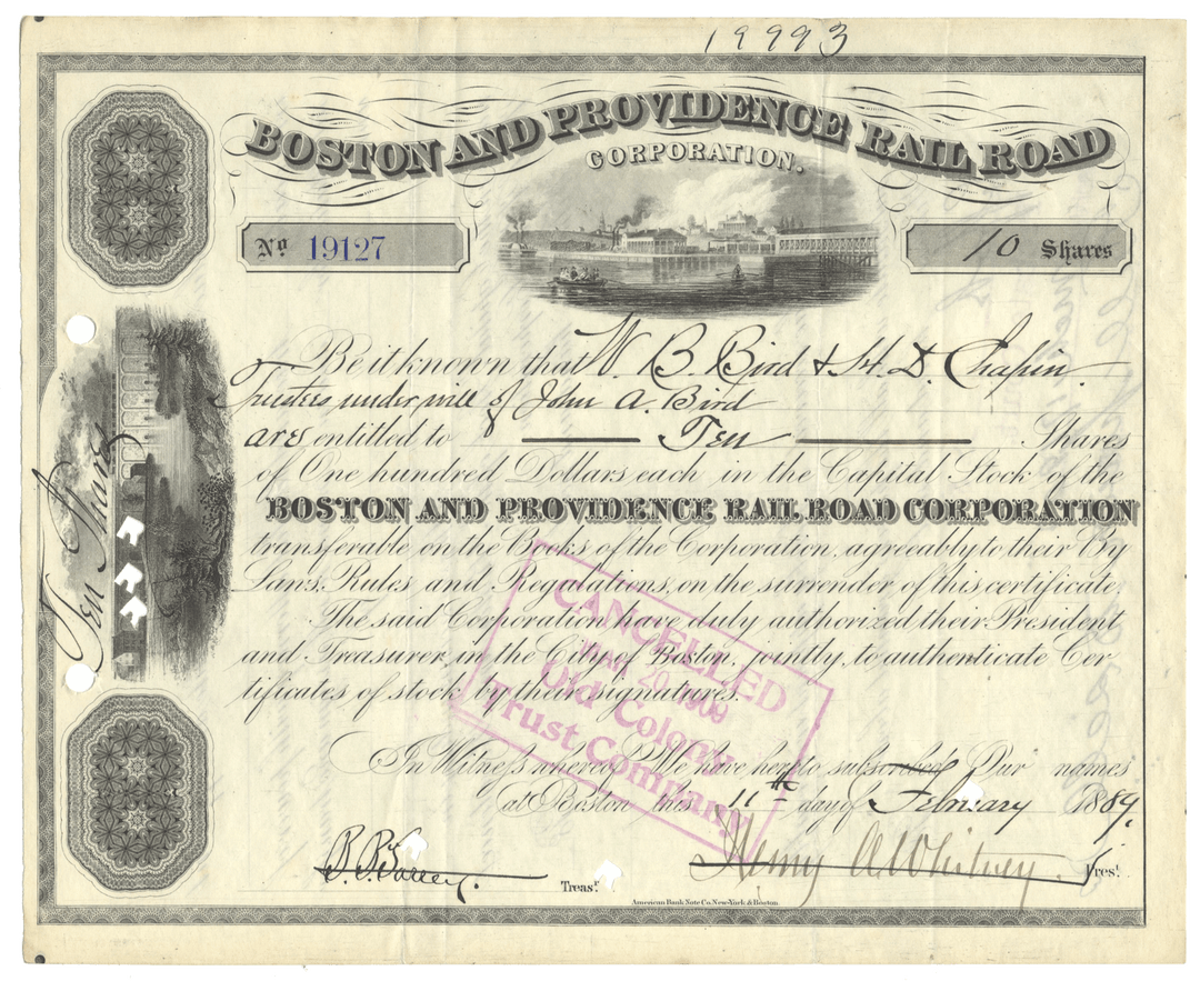Historical stock certificate of the Boston and Providence Rail Road Corporation from 1889.