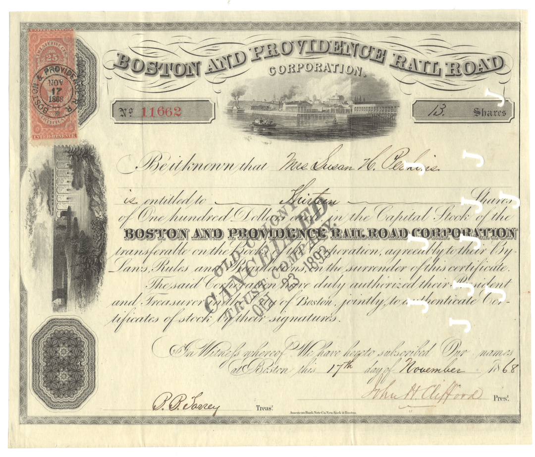 Historical stock certificate for the Boston and Providence Rail Road Corporation from 1868.