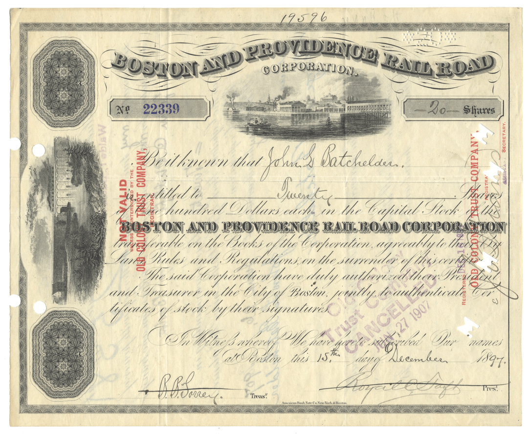 An antique stock certificate from the Boston and Providence Railroad Company, dated 1897
