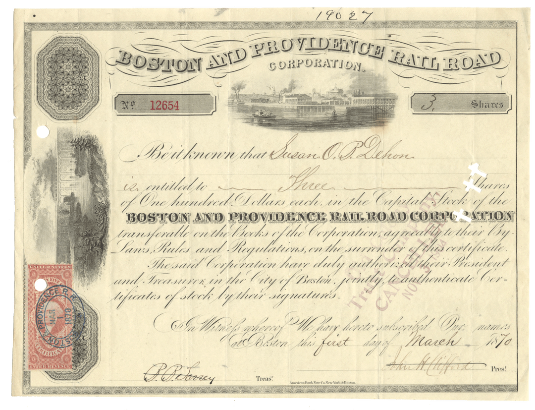 Vintage stock certificate for Boston and Providence Rail Road Corporation, dated 1870