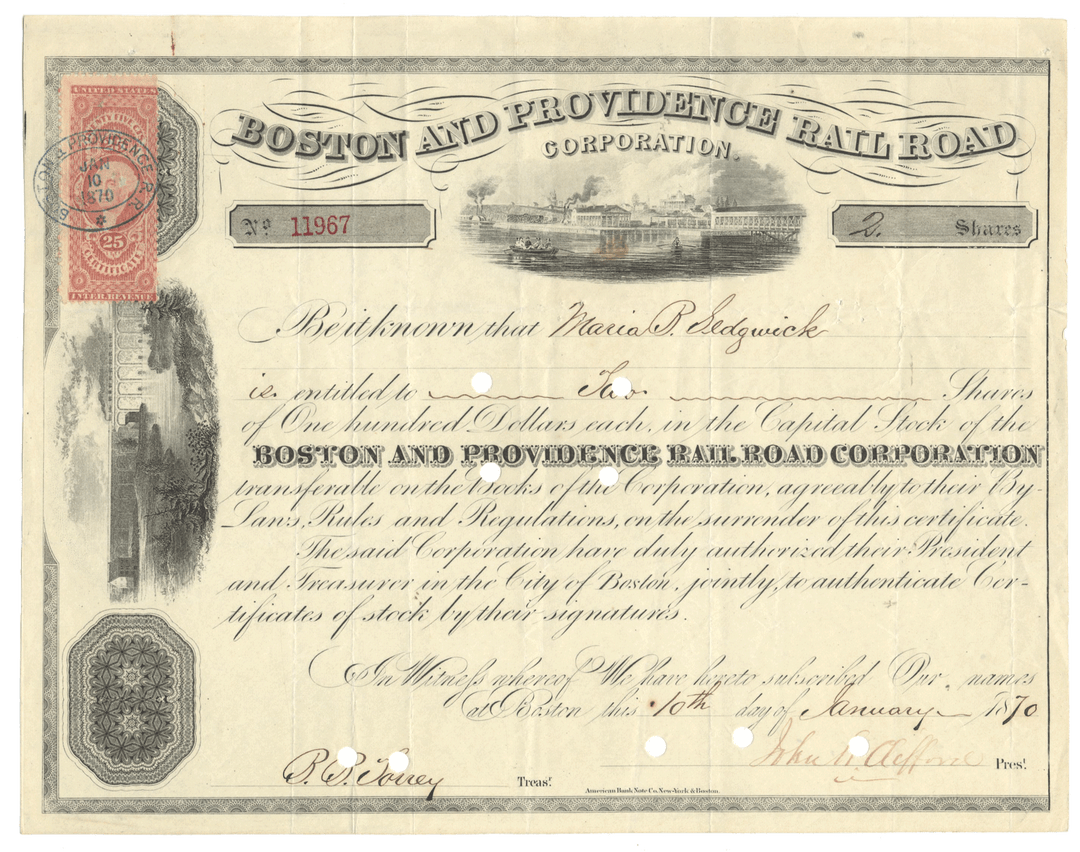 Historical stock certificate for the Boston and Providence Rail Road Corporation dated 1870
