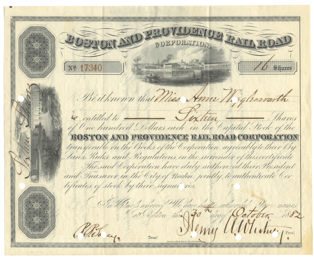 Historical stock certificate from the Boston and Providence Rail Road Corporation with text and signatures from 1882