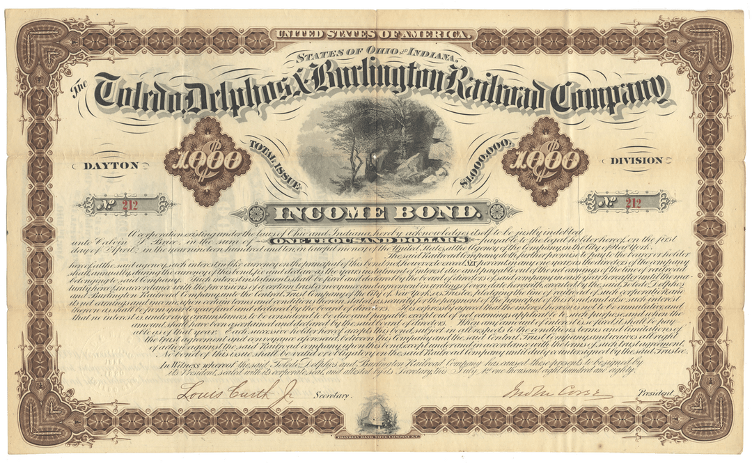 Vintage income bond certificate for the Toledo, Delphos & Burlington Railroad Company (Dayton Division) from 1880