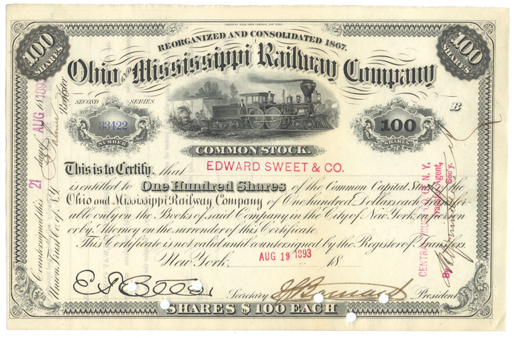 Ohio and Mississippi Railway Company Stock Certificate