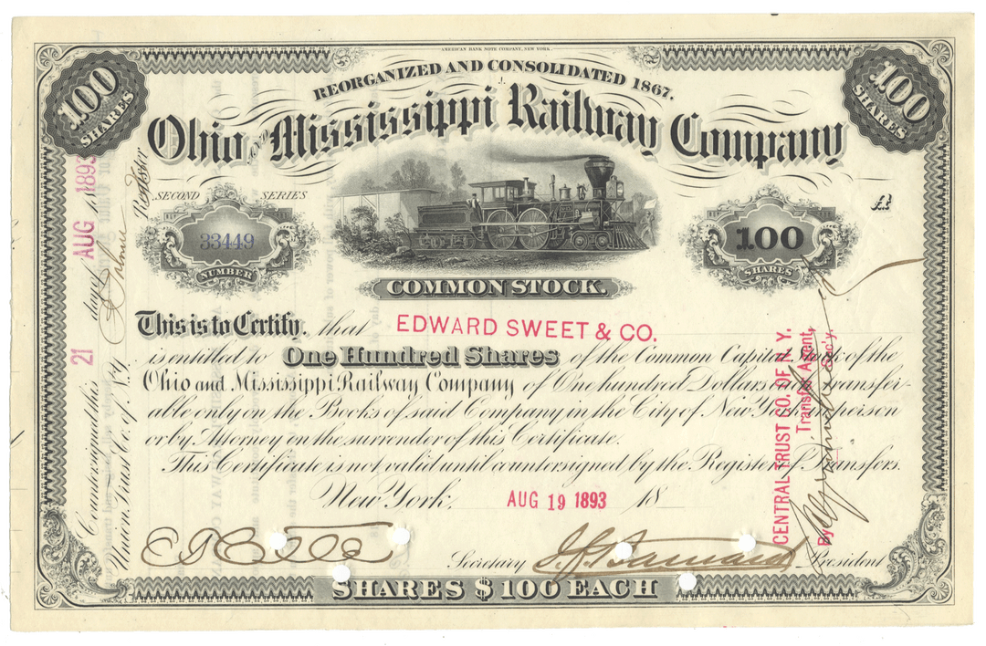 Ohio and Mississippi Railway Company Stock Certificate