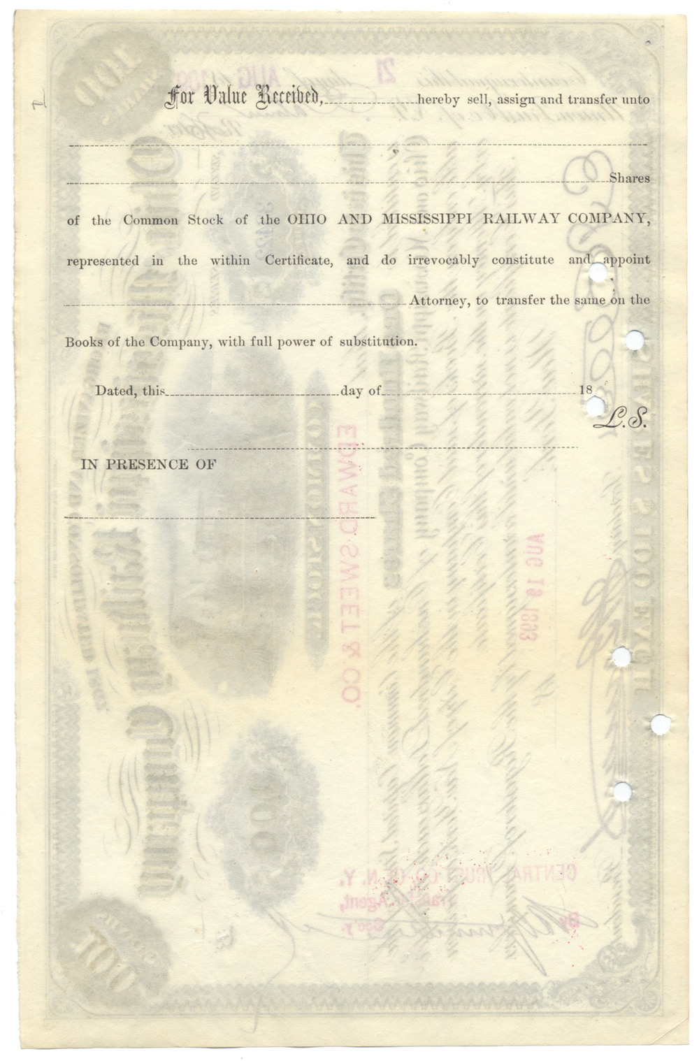 Ohio and Mississippi Railway Company Stock Certificate