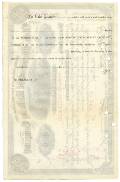 Ohio and Mississippi Railway Company Stock Certificate