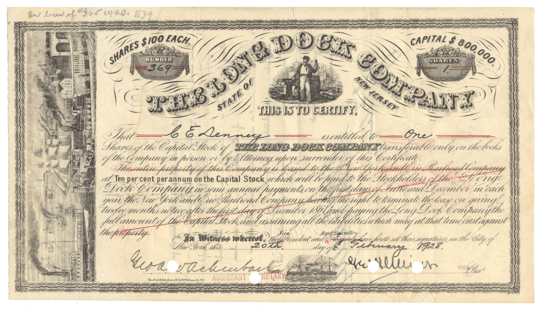 Vintage stock certificate from the Long Dock Company with detailed text and graphics.
