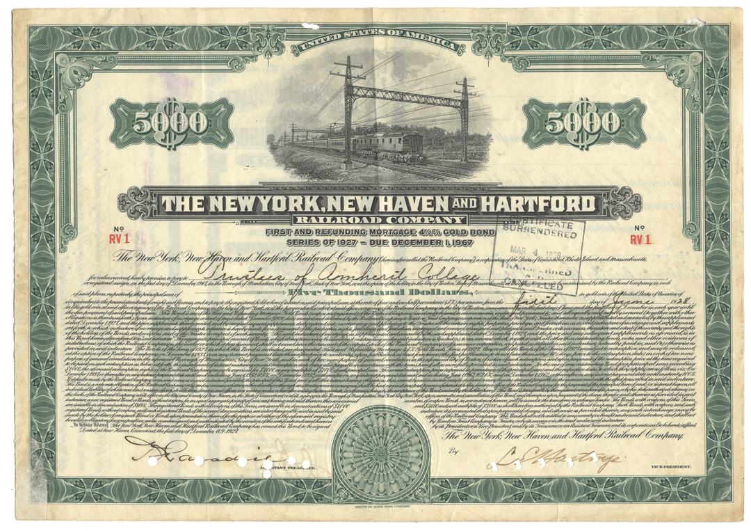 Vintage bond certificate for The New York, New Haven and Hartford Railroad Company