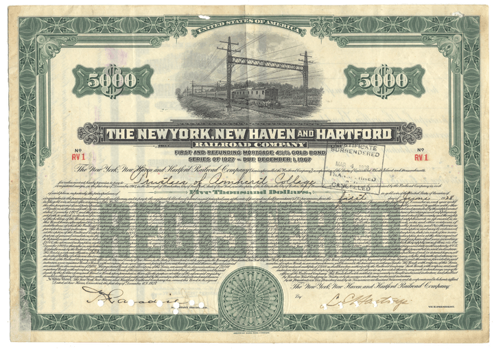 Vintage bond certificate for The New York, New Haven and Hartford Railroad Company