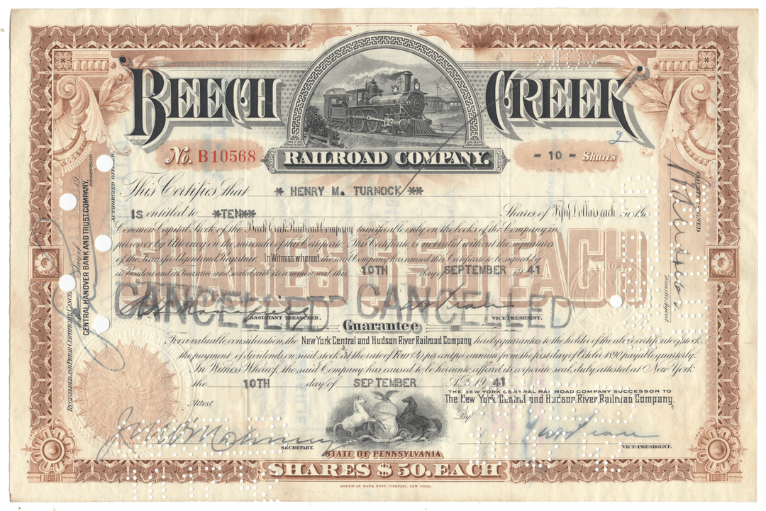 Vintage stock certificate for Beech Creek Railroad Company with decorative elements and text.