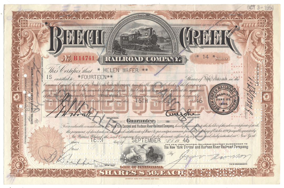Vintage stock certificate for Beech Creek Railroad Company from 1946