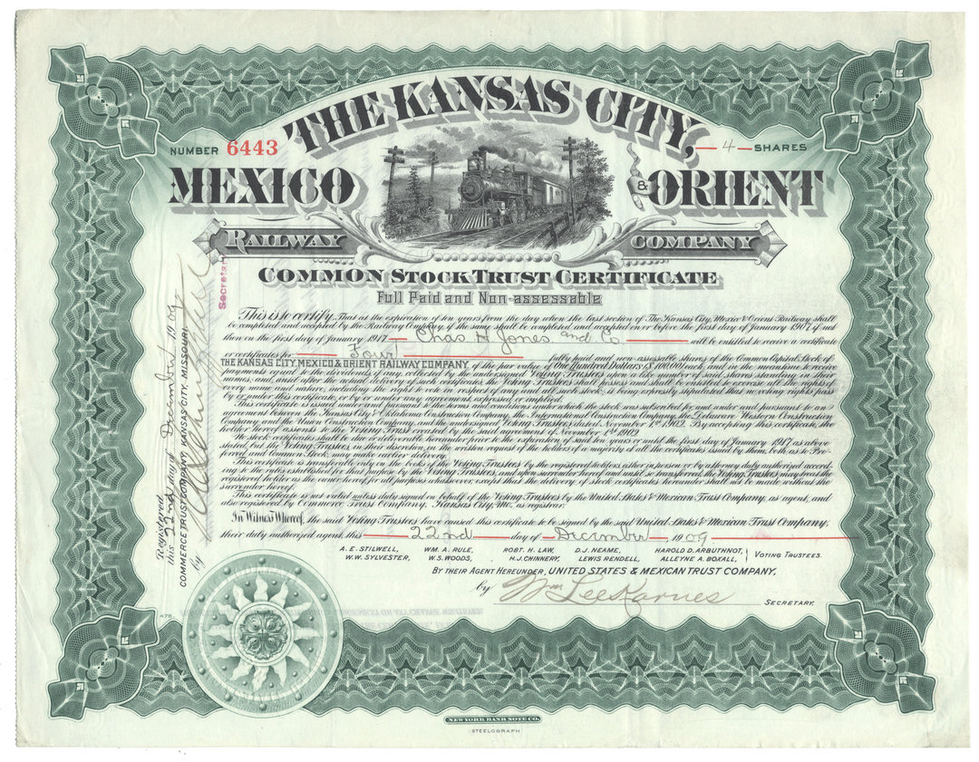 Vintage stock certificate for The Kansas City & Mexico Orient Railway Company