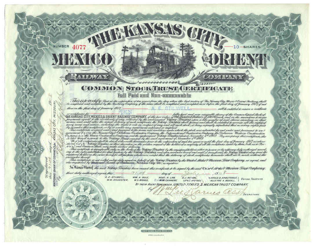 Kansas City, Mexico & Orient Railway Company Stock Certificate