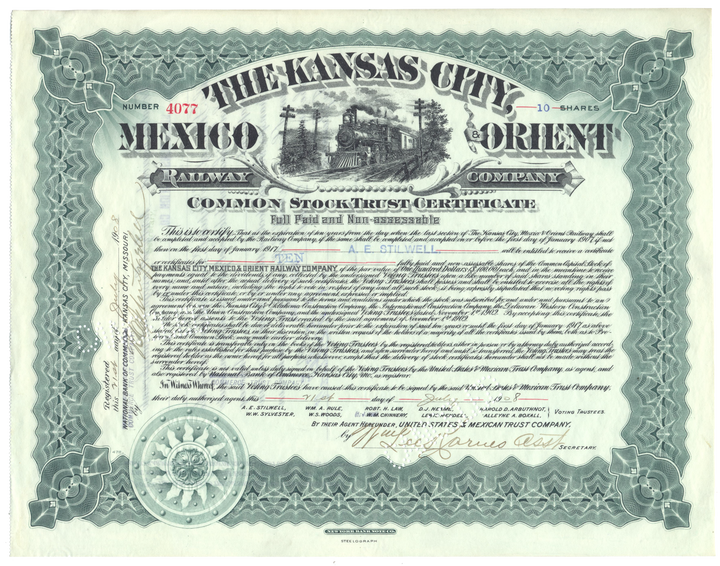 Kansas City, Mexico & Orient Railway Company Stock Certificate