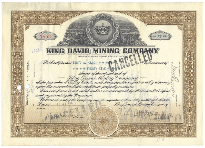 King David Mining Company Stock Certificate