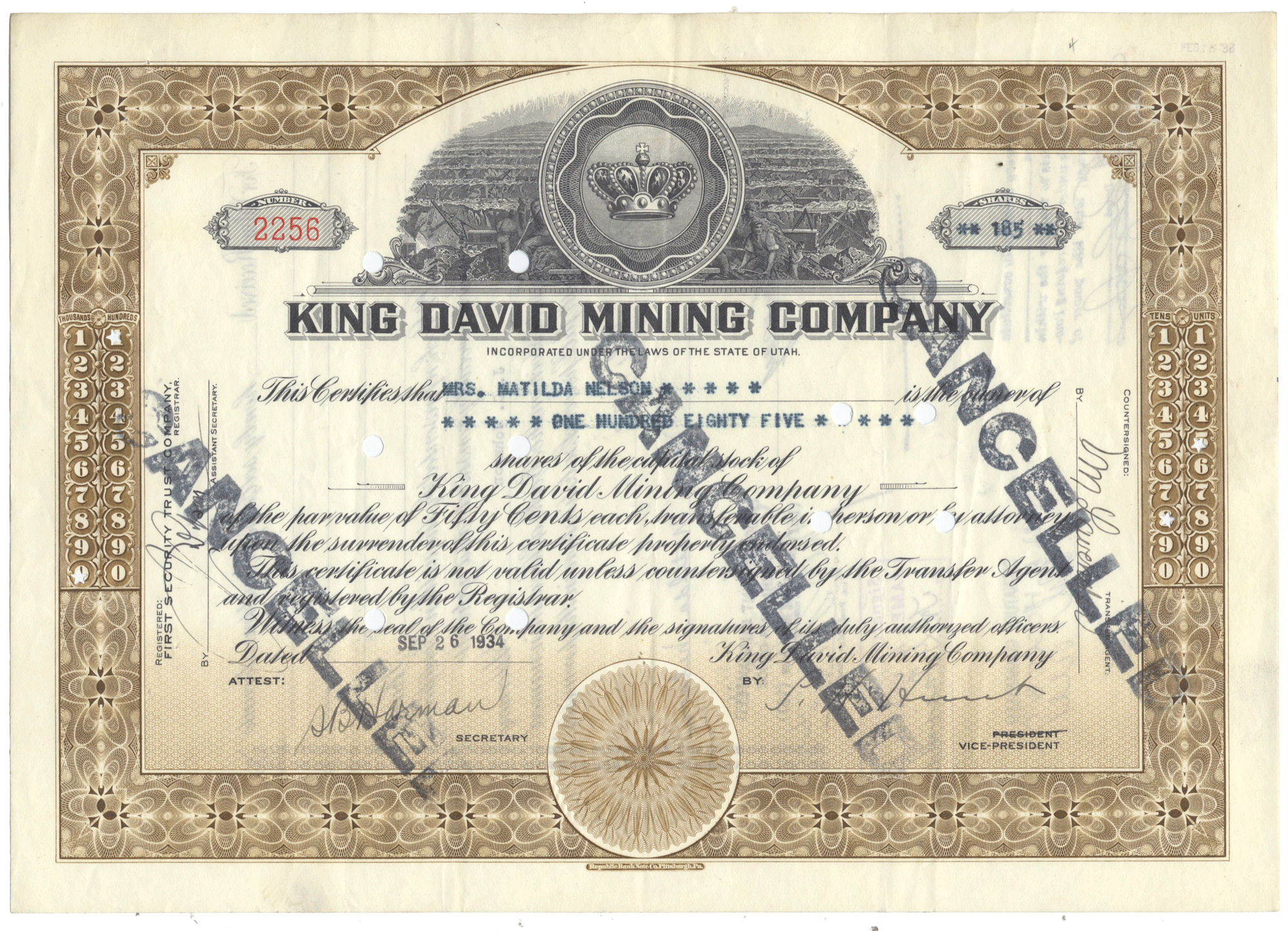 An antique stock certificate for the King David Mining Company, dated 1933