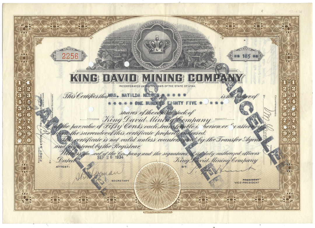 An antique stock certificate for the King David Mining Company, dated 1933