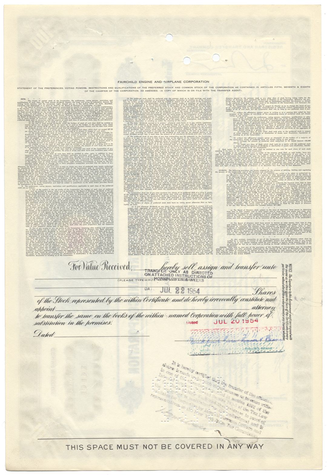 Fairchild Engine and Airplane Corporation Stock Certificate