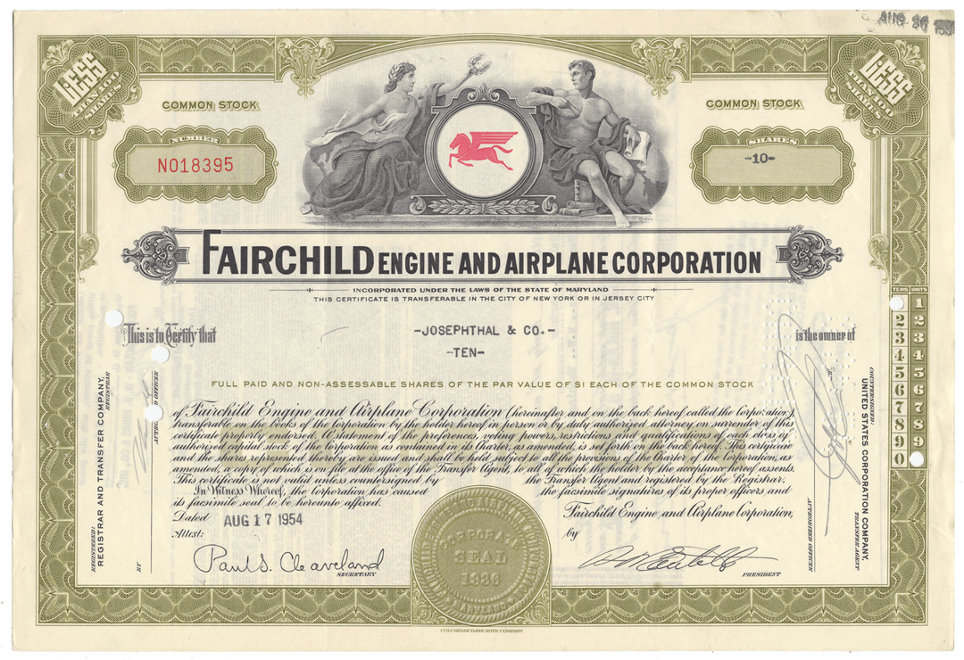 Vintage stock certificate of Fairchild Engine and Airplane Corporation with detailed design and text.