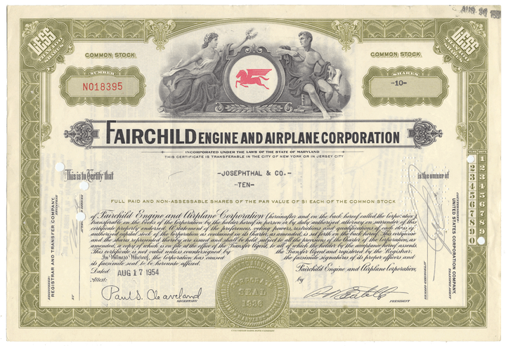 Vintage stock certificate of Fairchild Engine and Airplane Corporation with detailed design and text.