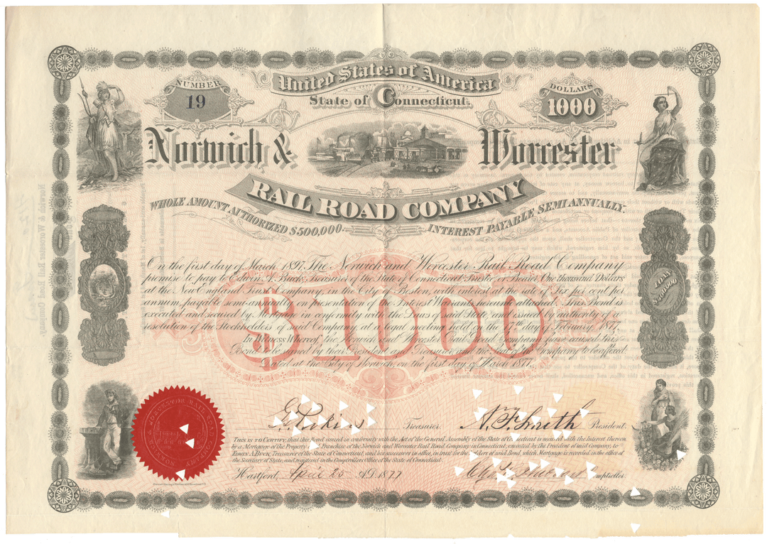Norwich & Worcester Rail Road Company Bond Certificate