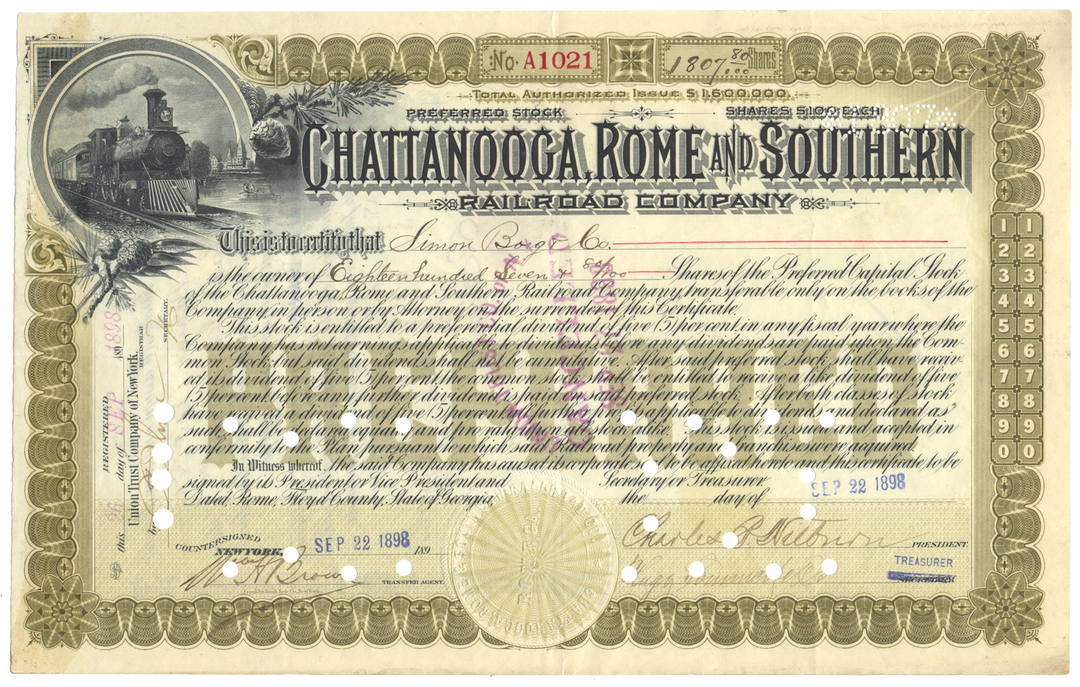 Chattanooga, Rome and Southern Railroad Company Stock Certificate