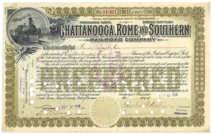 Chattanooga, Rome and Southern Railroad Company Stock Certificate