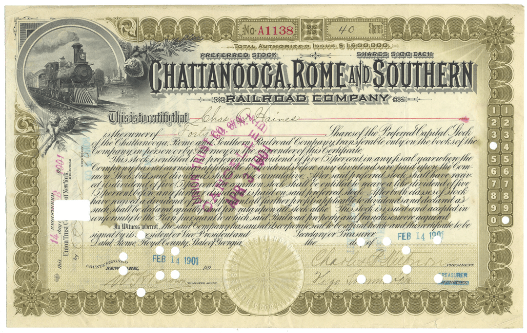 Vintage stock certificate of the Chattanooga, Rome and Southern Railroad Company with decorative elements.