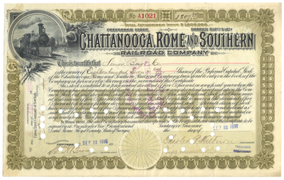Chattanooga, Rome and Southern Railroad Company Stock Certificate
