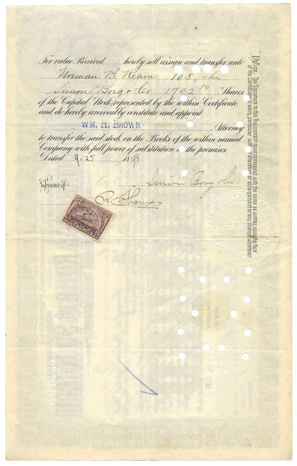 Chattanooga, Rome and Southern Railroad Company Stock Certificate