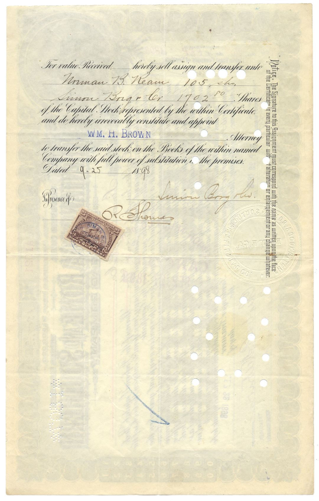 Chattanooga, Rome and Southern Railroad Company Stock Certificate