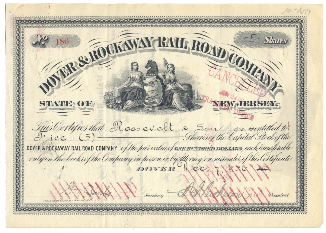 Dover & Rockaway Rail Road Company stock certificate from the State of New Jersey