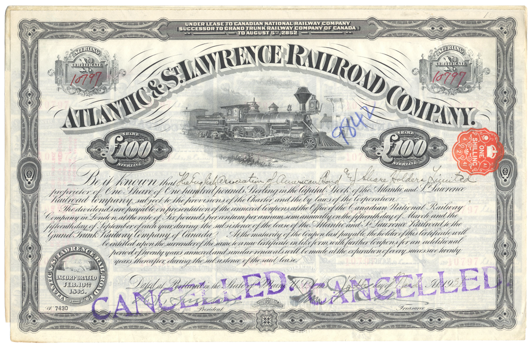 Atlantic & St. Lawrence Railroad Company Bond Certificate