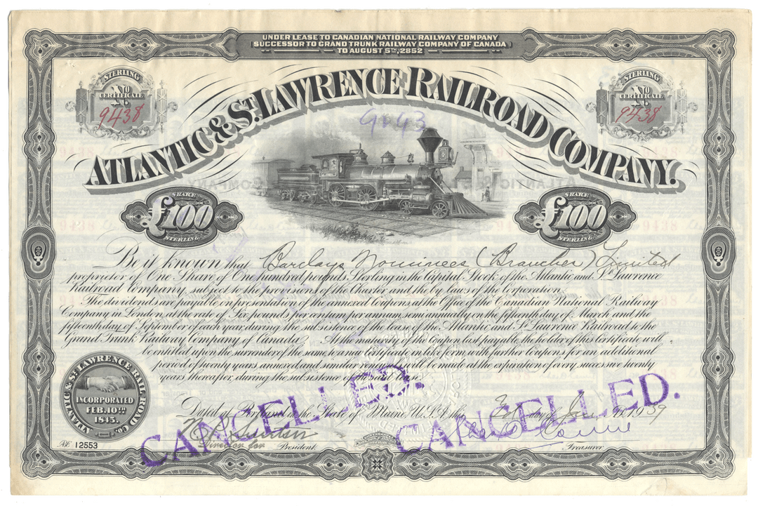 Historical bond certificate of the Atlantic & St. Lawrence Railroad Company with a train illustration.