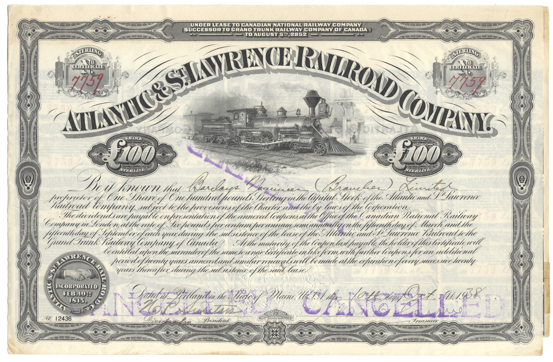 Atlantic & St. Lawrence Railroad Company Bond Certificate