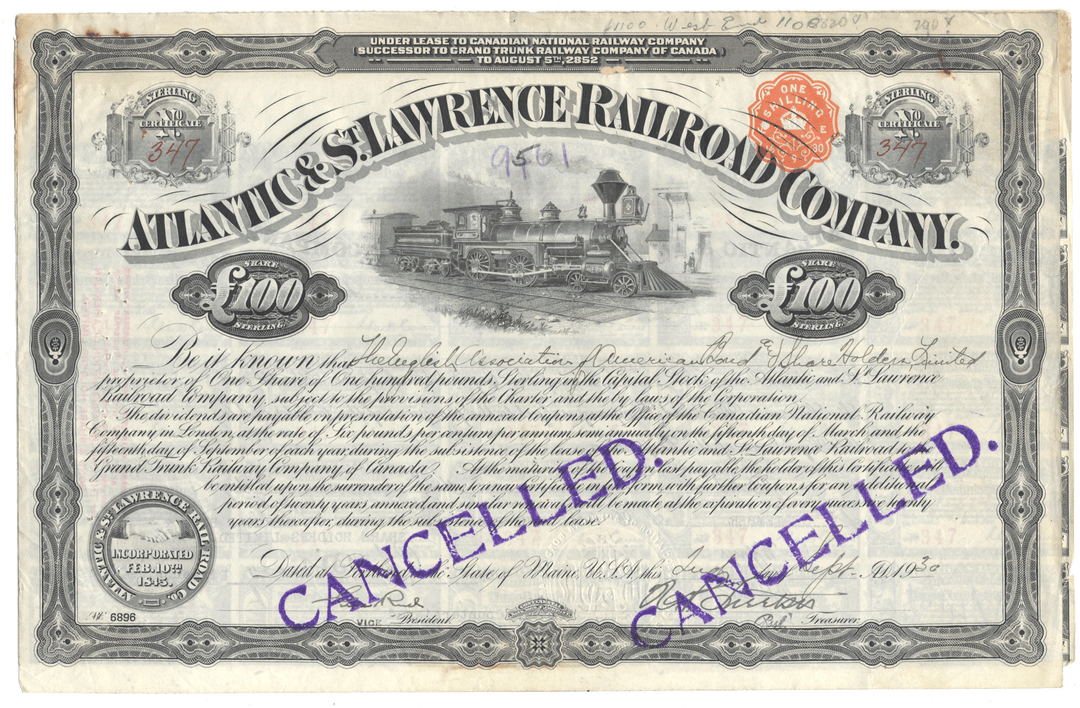 Vintage stock certificate of the Atlantic & St. Lawrence Railroad Company with a steam locomotive illustration from 1930