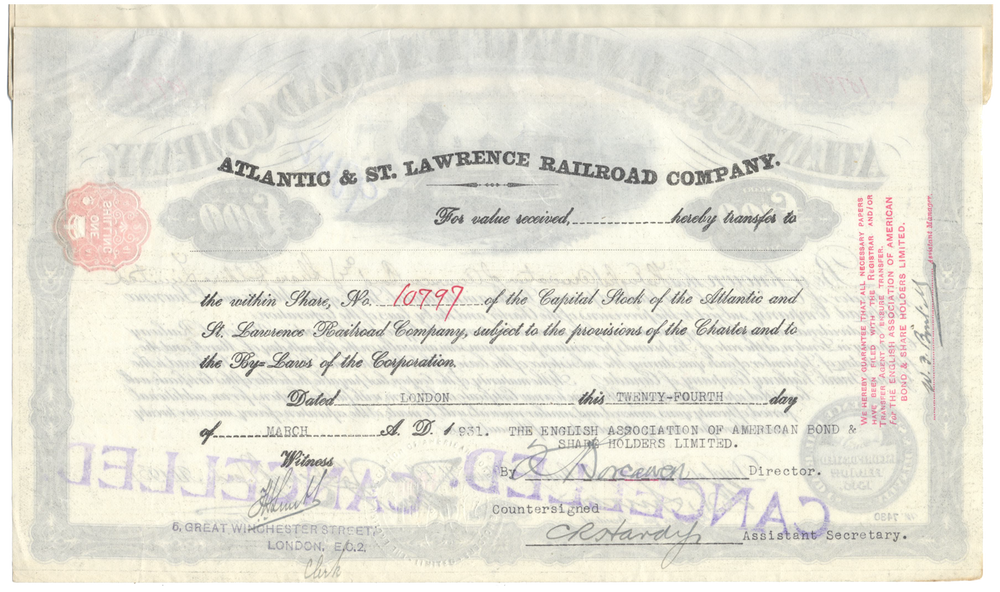 Atlantic & St. Lawrence Railroad Company Bond Certificate