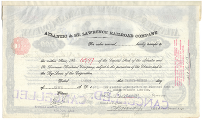 Atlantic & St. Lawrence Railroad Company Bond Certificate