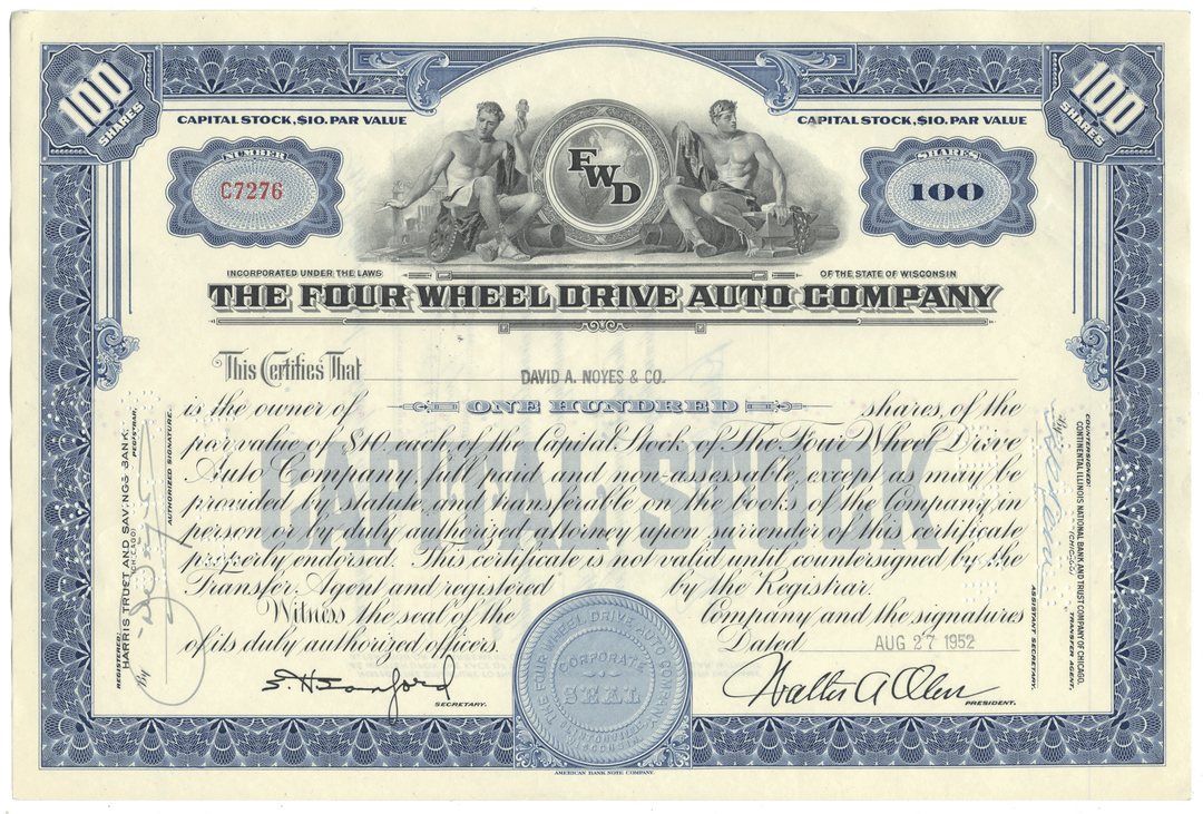 Four Wheel Drive Auto Company Stock Certificate