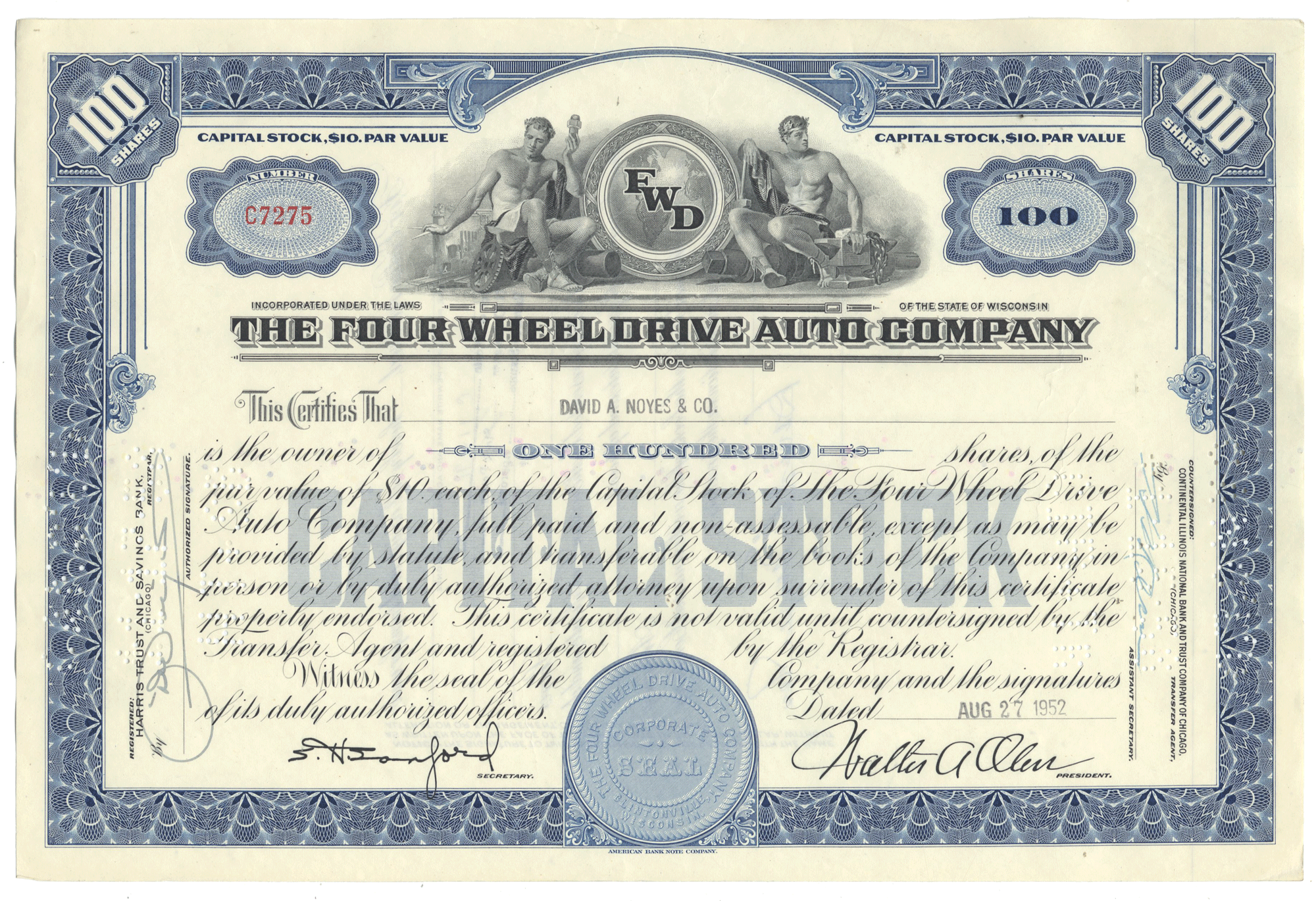 Four Wheel Drive Auto Company Stock Certificate from 1952