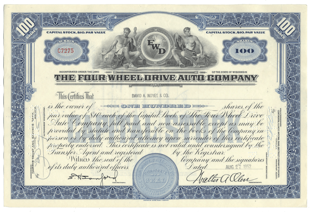 Four Wheel Drive Auto Company Stock Certificate from 1952