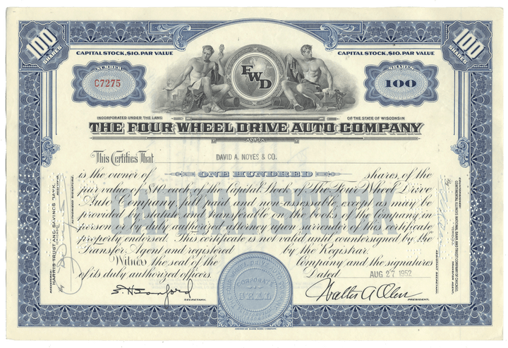 Four Wheel Drive Auto Company Stock Certificate from 1952